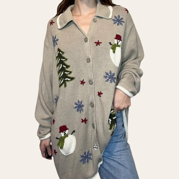90s/2000s Vintage Knit Snowman Christmas Winter Cardigan Cherokee XXL/2X - Picture 3 of 8